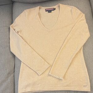 Vineyard Vines Women's V-Neck Sweater in Beige with Fringe Cuffs